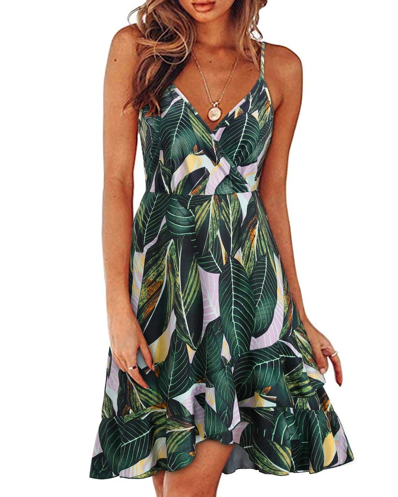 ULTRANICE Women Summer Dress Spring Beach Casual Sundresses Trendy Green Floral Wrap Flowy Vacation Outfits Clothes Wedding V-Neck Spaghetti Strap Midi Dresses(Green White Floral,M) - Image 1
